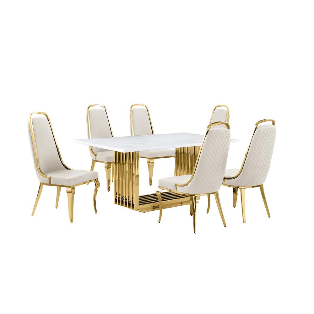 7pc Small(68") marble top dining set with gold base and 6 Cream side chairs. Picture 1