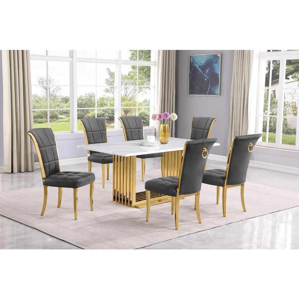 7pc Small(68") marble top dining set with gold base and 6 Dark grey side chairs. Picture 5