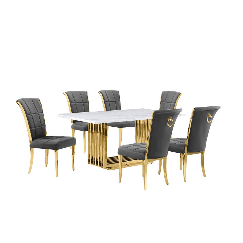 7pc Small(68") marble top dining set with gold base and 6 Dark grey side chairs. Picture 1