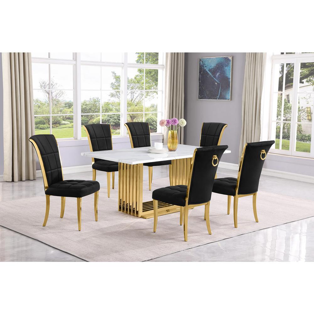 7pc Small(68") marble top dining set with gold base and 6 Black side chairs. Picture 5