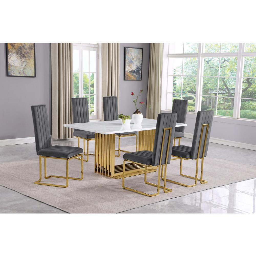 7pc Small(68") marble top dining set with gold base and 6 Dark grey side chairs. Picture 5