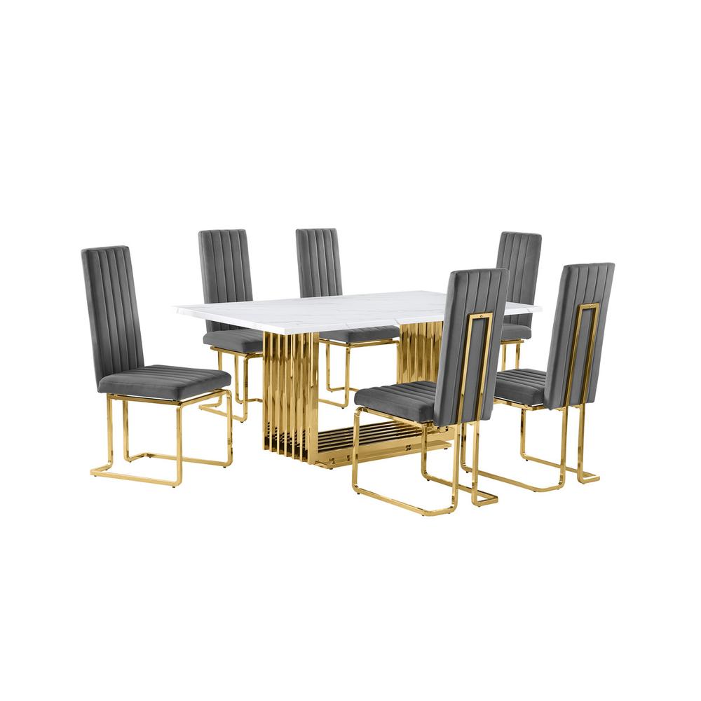 7pc Small(68") marble top dining set with gold base and 6 Dark grey side chairs. Picture 1