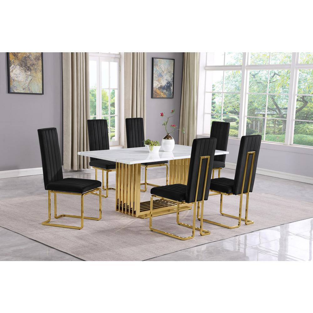 7pc Small(68") marble top dining set with gold base and 6 Black side chairs. Picture 5
