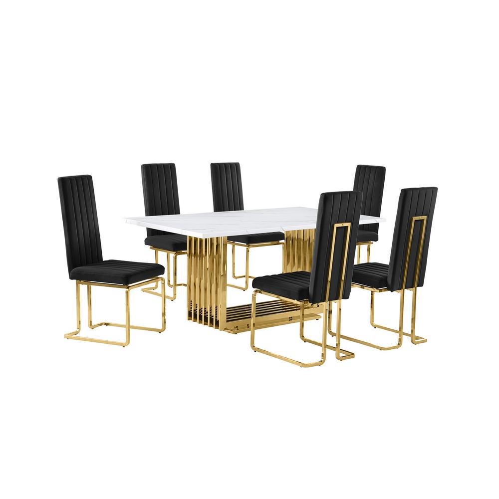 7pc Small(68") marble top dining set with gold base and 6 Black side chairs. Picture 1