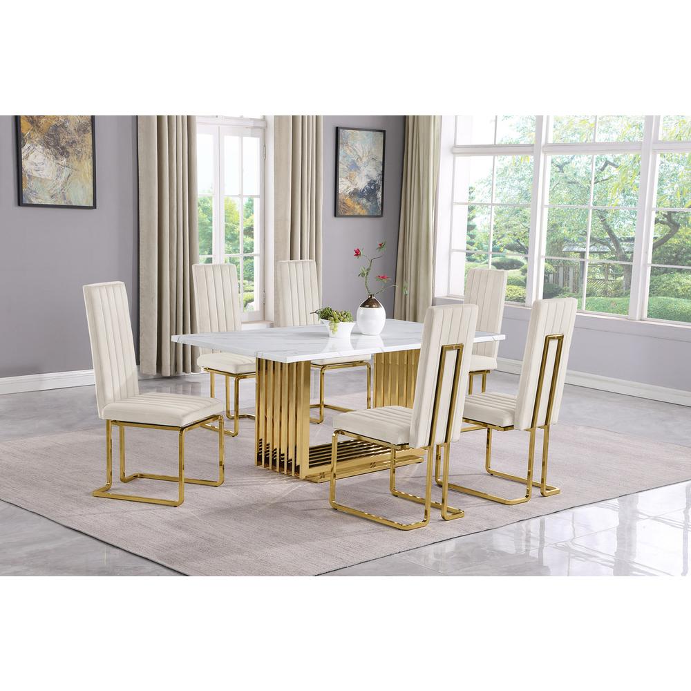 7pc Small(68") marble top dining set with gold base and 6 Cream side chairs. Picture 5