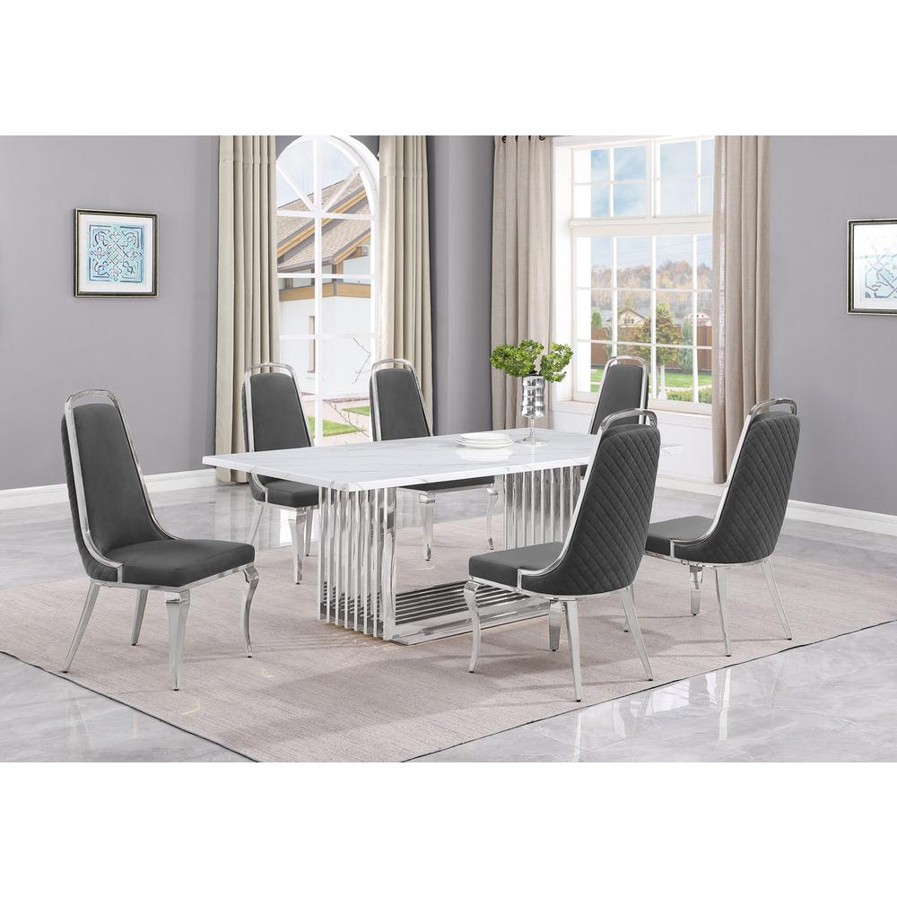 7pc Large(79") marble top dining set with silver base and 6 Dark grey chairs. Picture 5