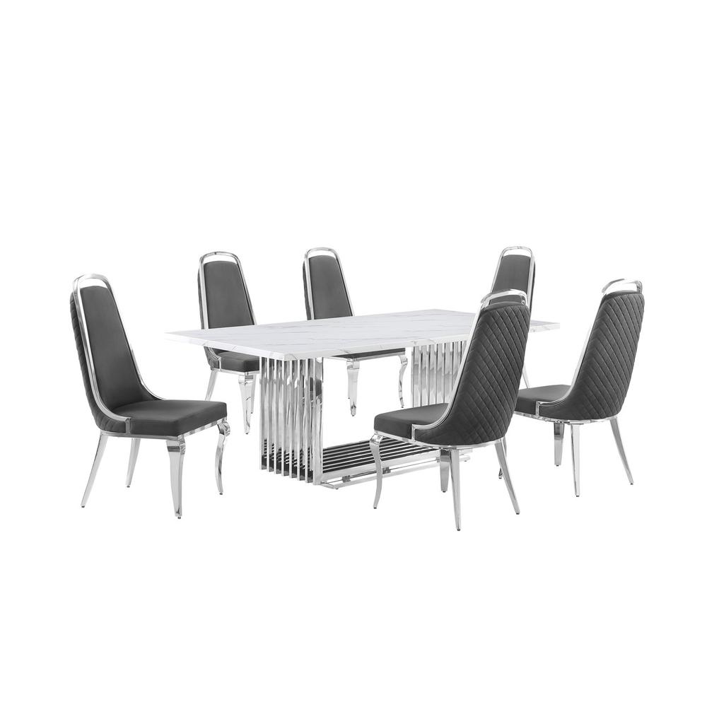 7pc Large(79") marble top dining set with silver base and 6 Dark grey chairs. Picture 1