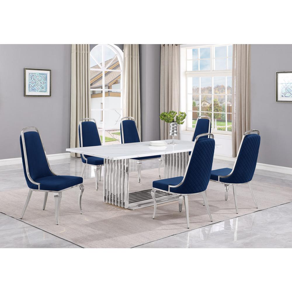 7pc Large(79") marble top dining set with silver base and 6 Navy blue chairs. Picture 5