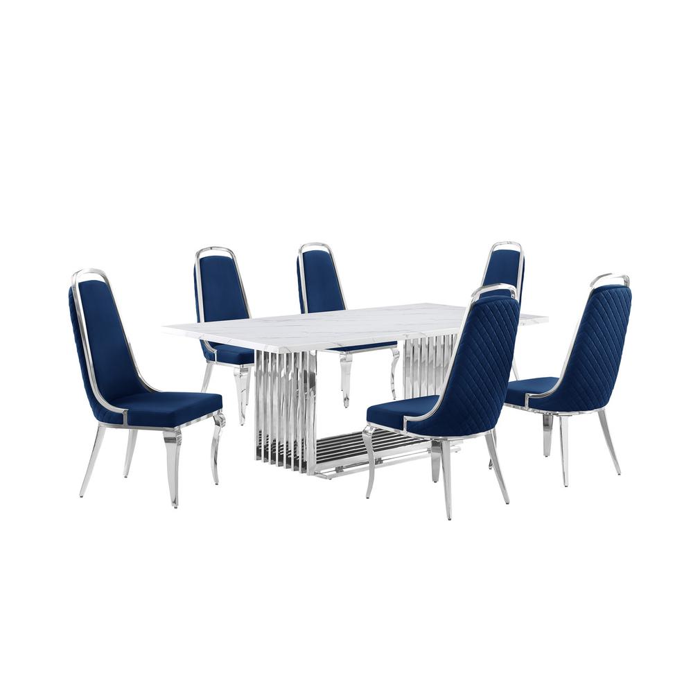 7pc Large(79") marble top dining set with silver base and 6 Navy blue chairs. Picture 1