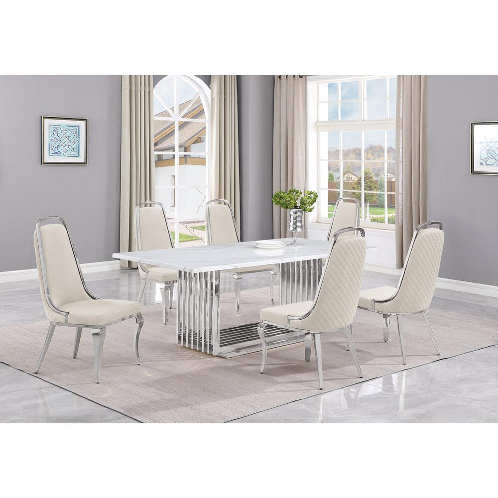 7pc Large(79") marble top dining set with silver base and 6 Cream side chairs. Picture 5