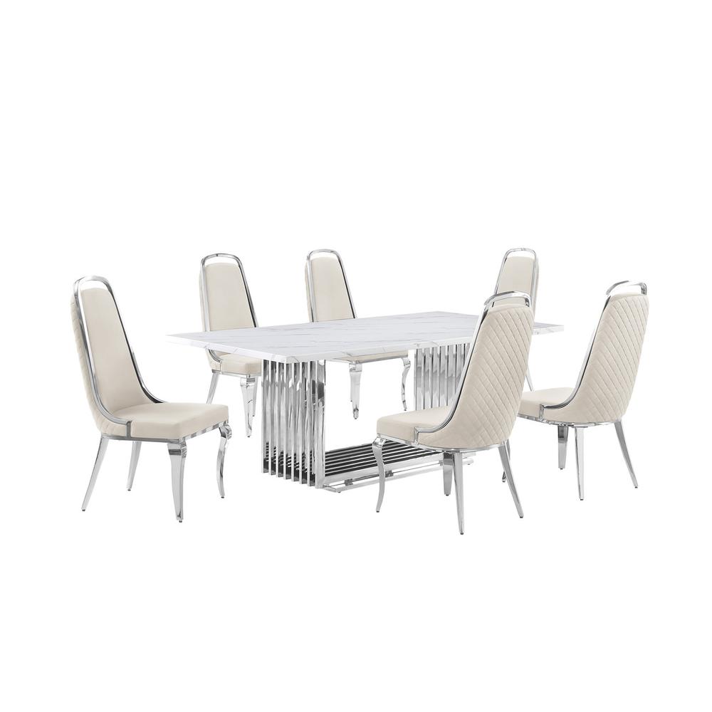 7pc Large(79") marble top dining set with silver base and 6 Cream side chairs. Picture 1