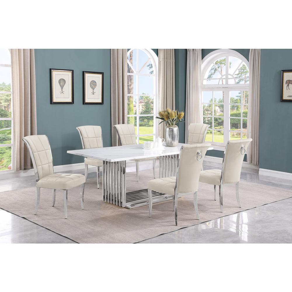 7pc Large(79") marble top dining set with silver base and 6 Cream side chairs. Picture 5