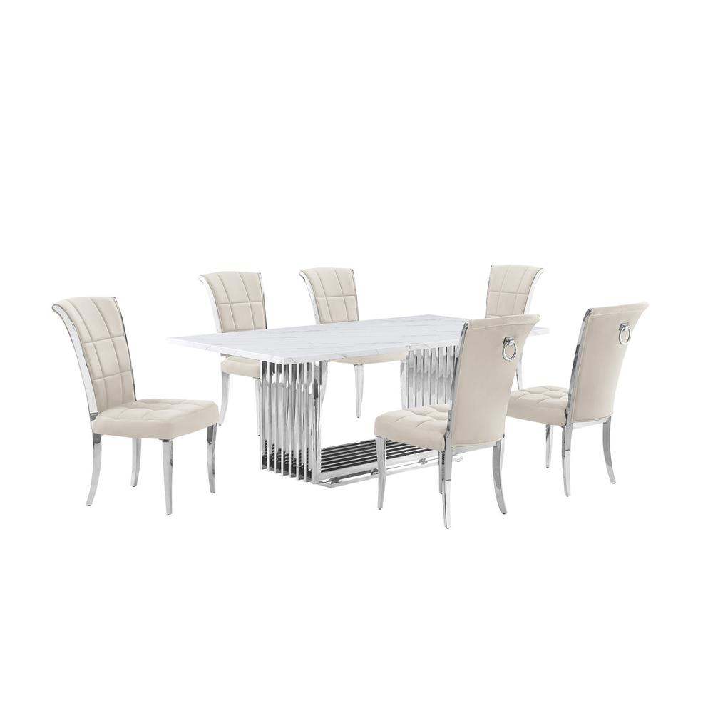 7pc Large(79") marble top dining set with silver base and 6 Cream side chairs. Picture 1
