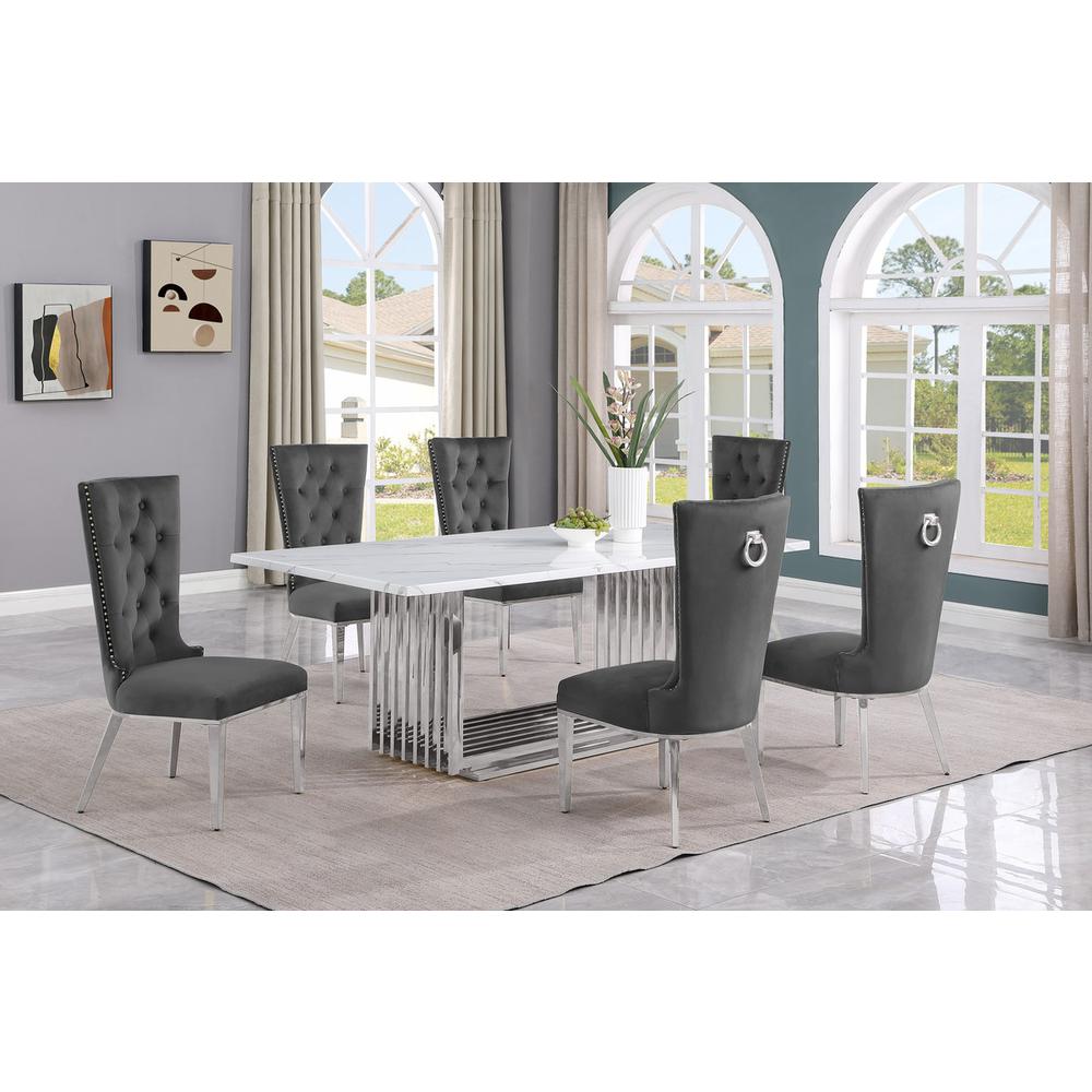 7pc Large(79") marble top dining set with silver base and 6 Dark grey chairs. Picture 5