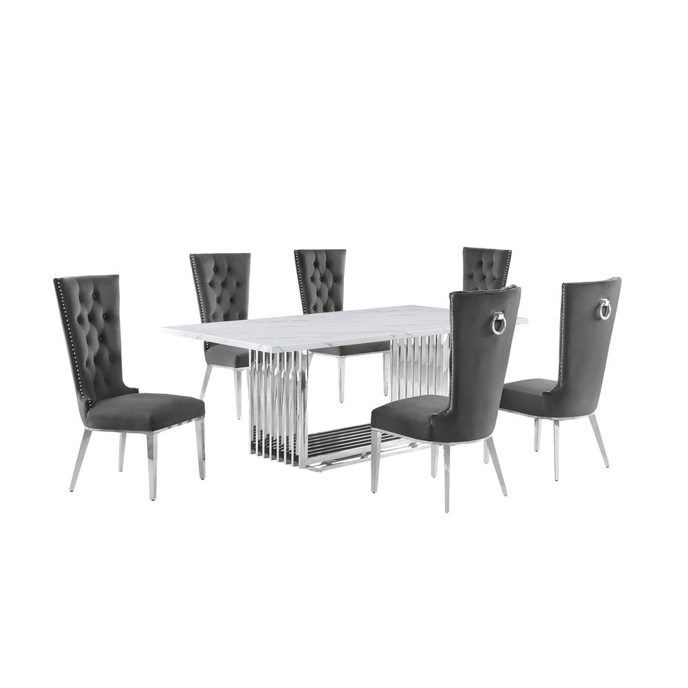 7pc Large(79") marble top dining set with silver base and 6 Dark grey chairs. Picture 1