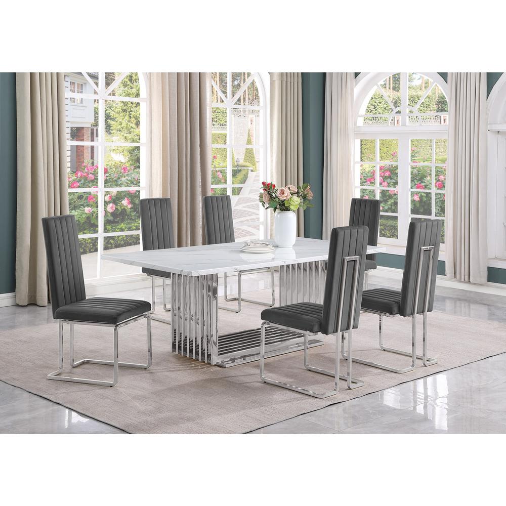 7pc Large(79") marble top dining set with silver base and 6 Dark grey chairs. Picture 5