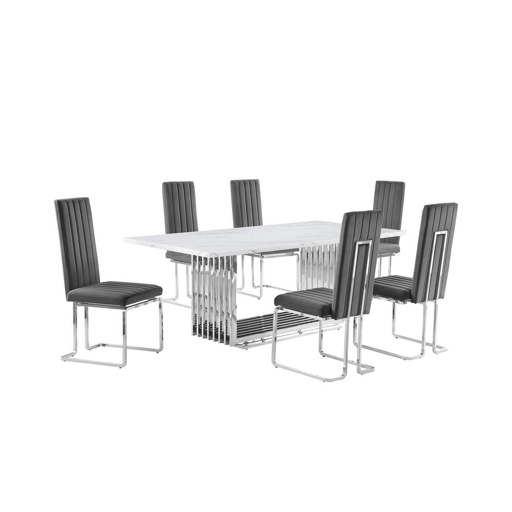7pc Large(79") marble top dining set with silver base and 6 Dark grey chairs. Picture 1