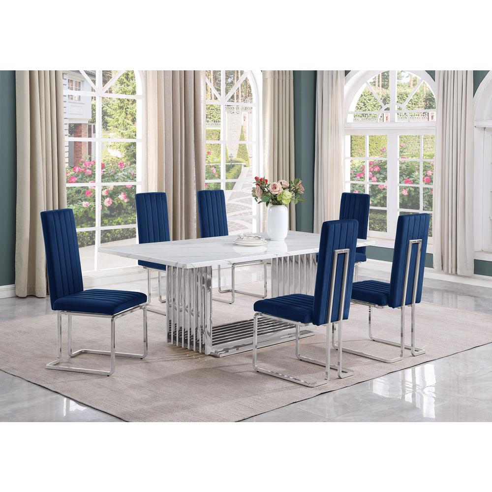 7pc Large(79") marble top dining set with silver base and 6 Navy blue chairs. Picture 5