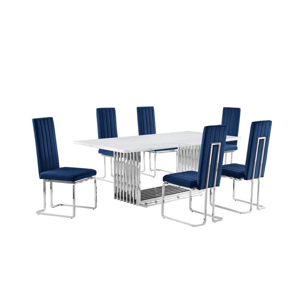 7pc Large(79") marble top dining set with silver base and 6 Navy blue chairs. Picture 1