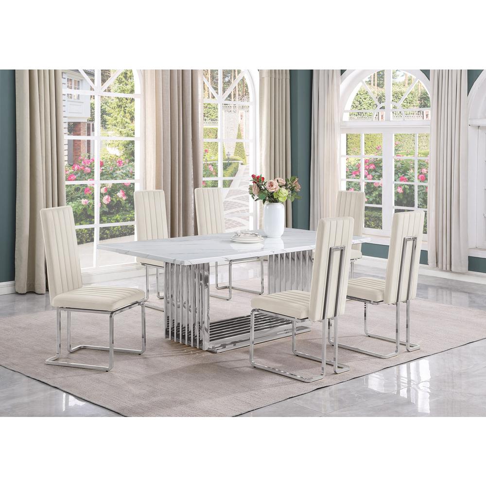 7pc Large(79") marble top dining set with silver base and 6 Cream side chairs. Picture 5