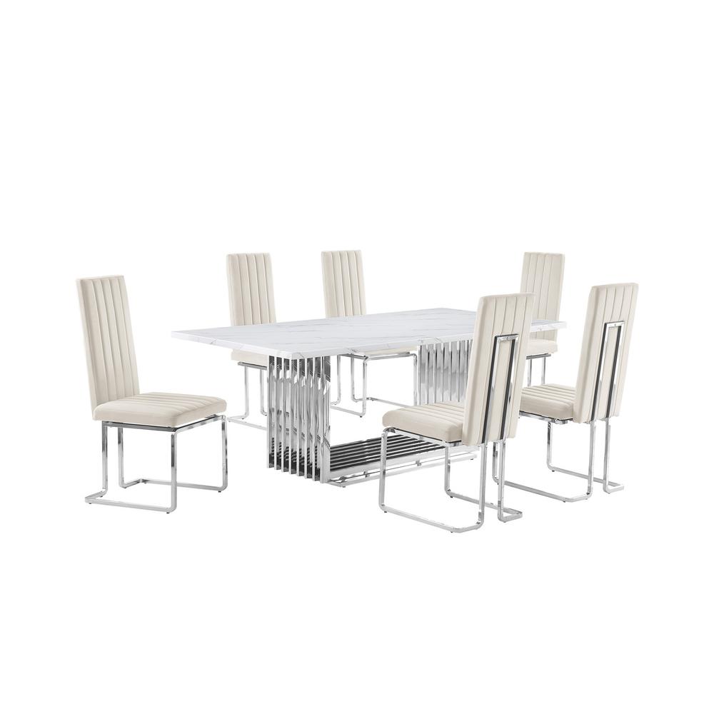 7pc Large(79") marble top dining set with silver base and 6 Cream side chairs. Picture 1