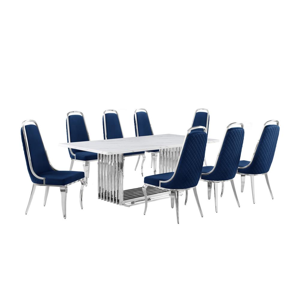 9pc Large(79") marble top dining set with silver base and 8 Navy blue chairs. Picture 1