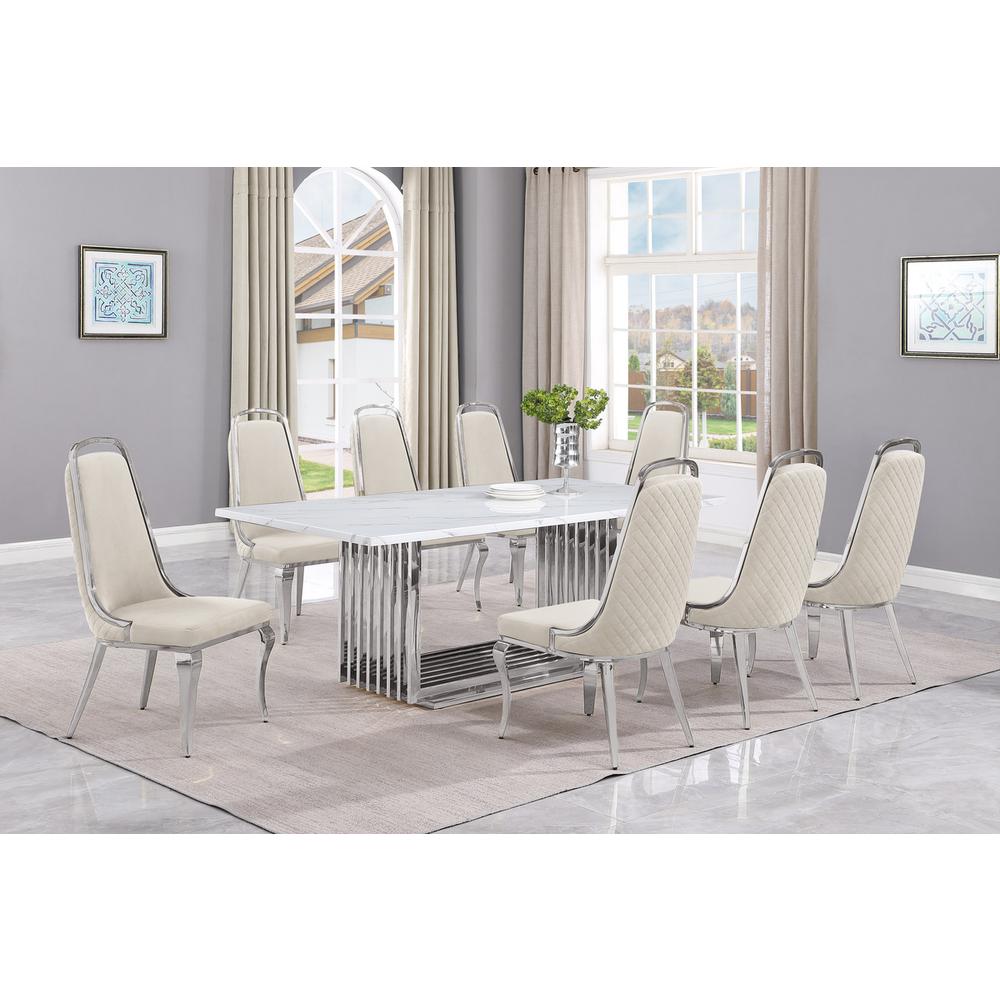 9pc Large(79") marble top dining set with silver base and 8 cream side chairs. Picture 5