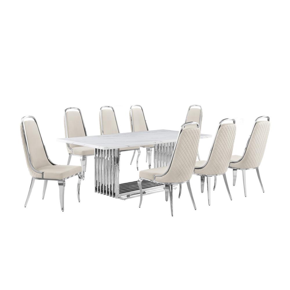 9pc Large(79") marble top dining set with silver base and 8 cream side chairs. Picture 1