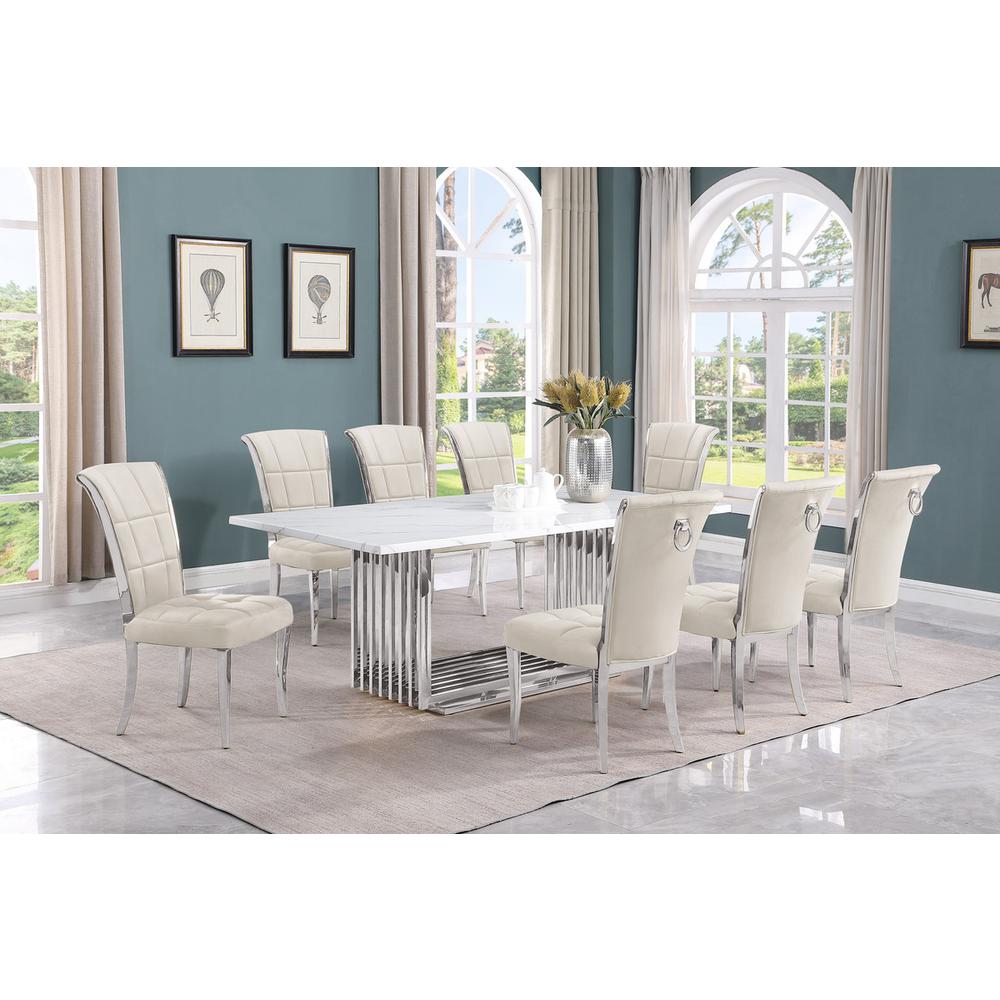 9pc Large(79") marble top dining set with silver base and 8 cream side chairs. Picture 5