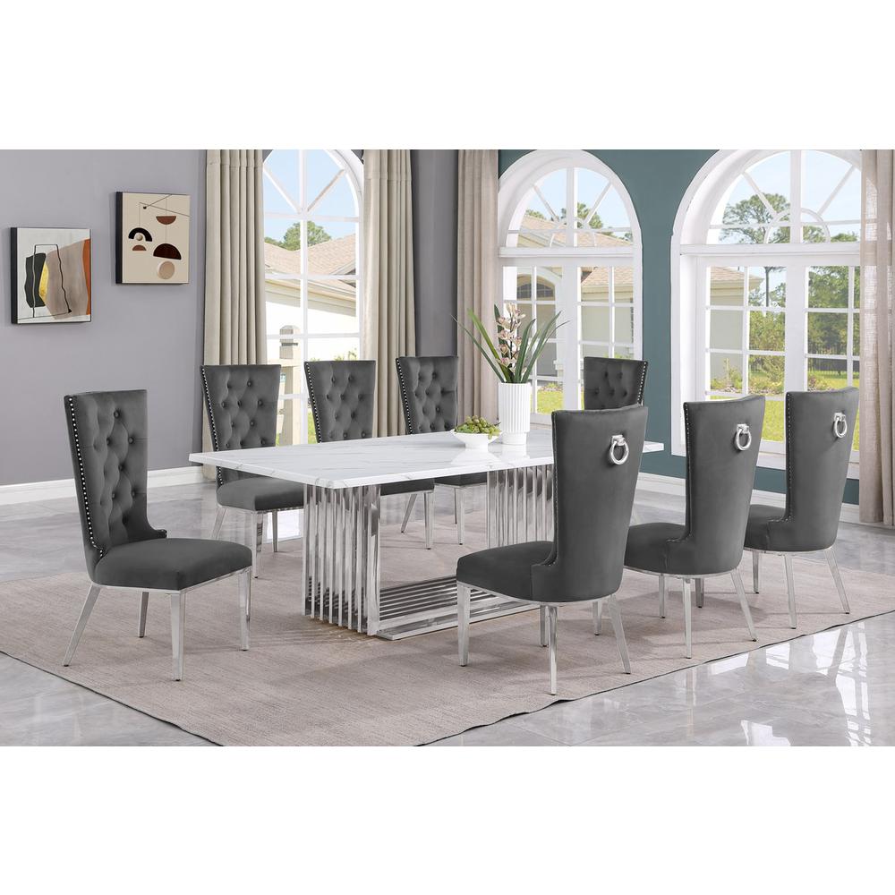 9pc Large(79") marble top dining set with silver base and 8 Dark grey chairs. Picture 5
