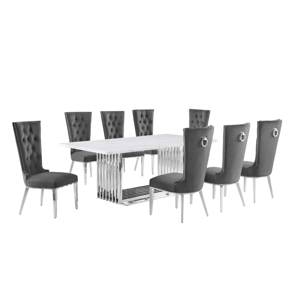 9pc Large(79") marble top dining set with silver base and 8 Dark grey chairs. Picture 1