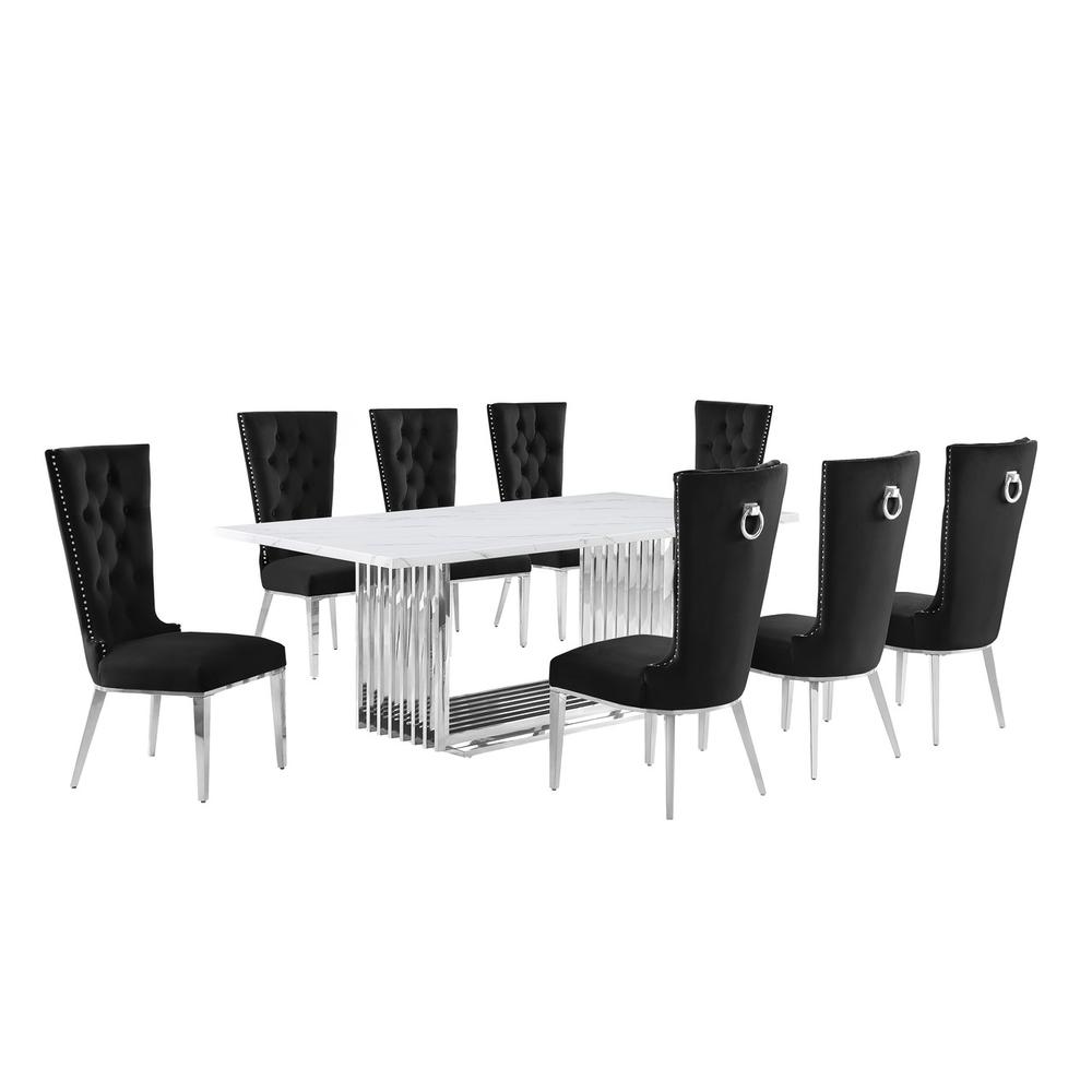 9pc Large(79") marble top dining set with silver base and 8 Black side chairs. Picture 1