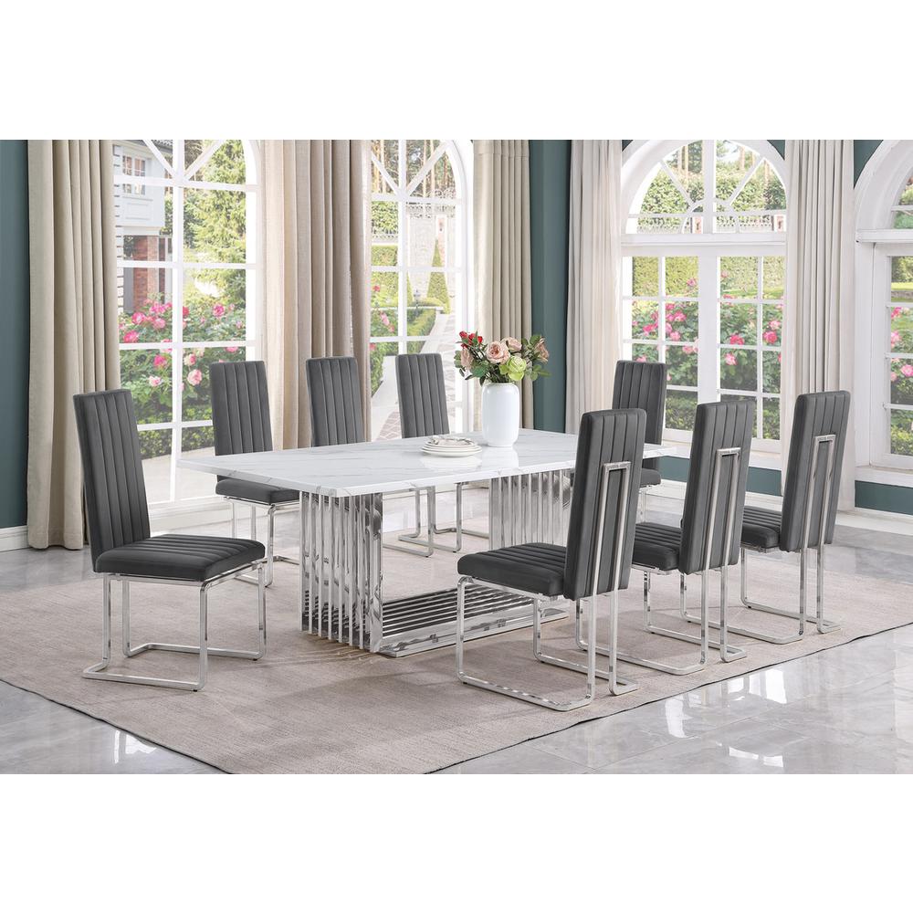 9pc Large(79") marble top dining set with silver base and 8 Dark grey chairs. Picture 5