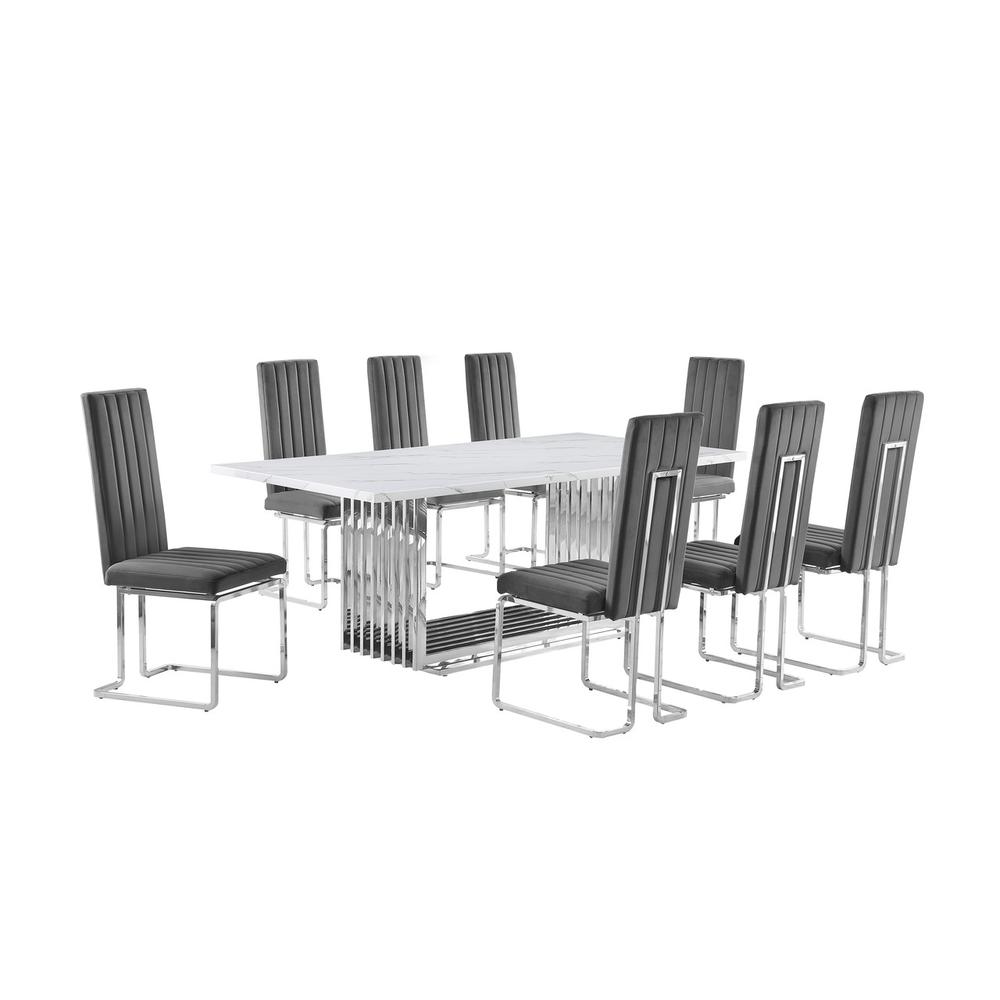 9pc Large(79") marble top dining set with silver base and 8 Dark grey chairs. Picture 1