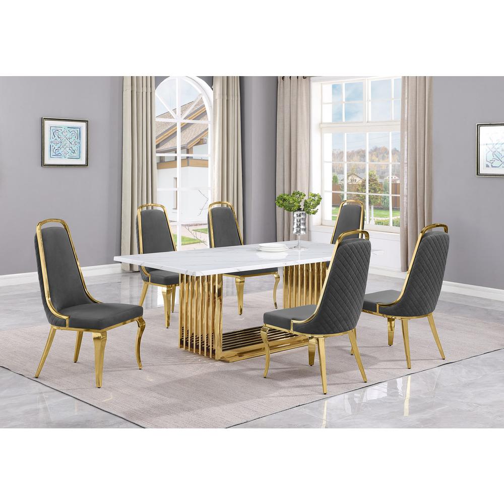 7pc Small(68") marble top dining set with gold base and 6 Dark grey side chairs. Picture 5