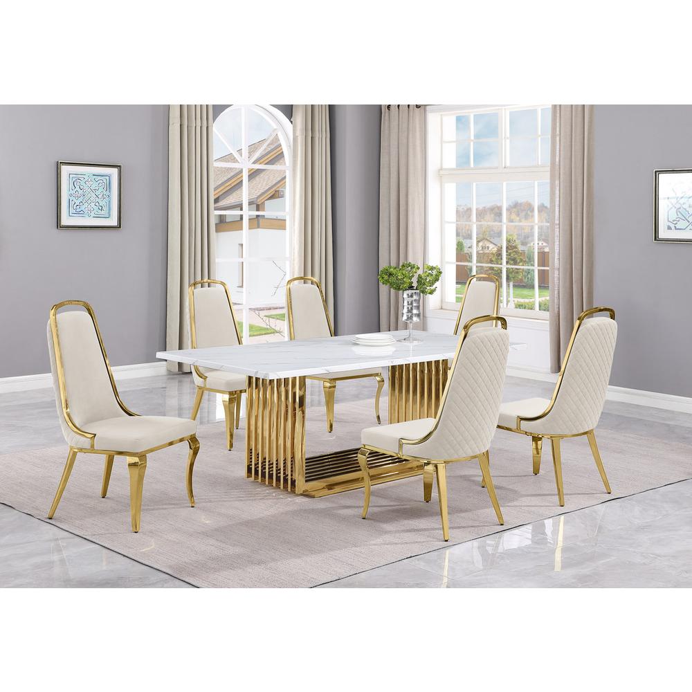 7pc Small(68") marble top dining set with gold base and 6 Cream side chairs. Picture 5