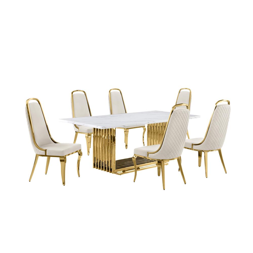 7pc Small(68") marble top dining set with gold base and 6 Cream side chairs. Picture 1