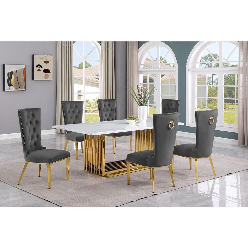 7pc Large(79") marble top dining set with gold base and 6 Dark grey side chairs. Picture 5