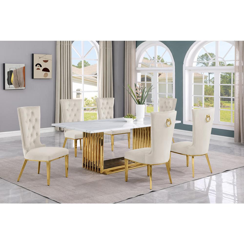 7pc Large(79") marble top dining set with gold base and 6 Cream side chairs. Picture 5