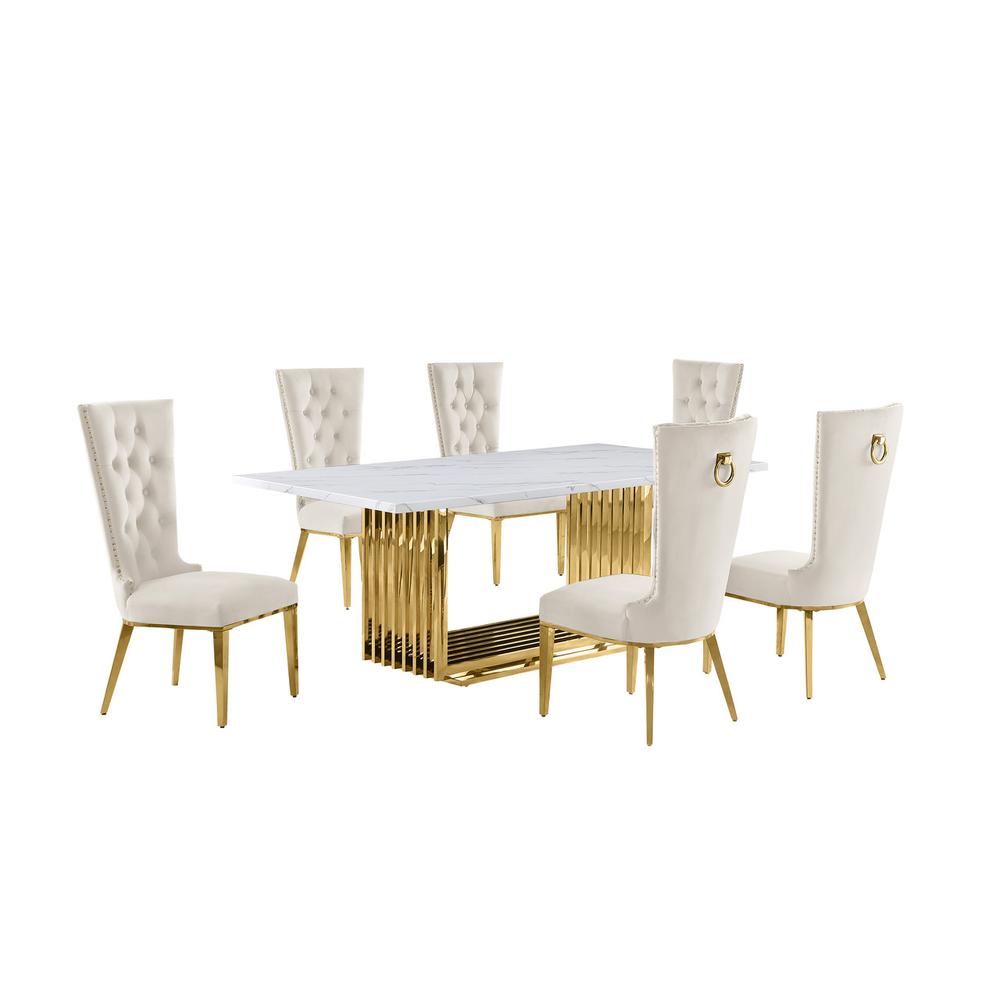 7pc Large(79") marble top dining set with gold base and 6 Cream side chairs. Picture 1