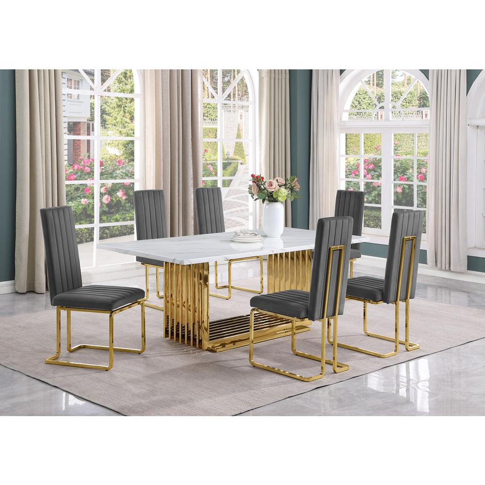 7pc Large(79") marble top dining set with gold base and 6 Dark grey side chairs. Picture 5