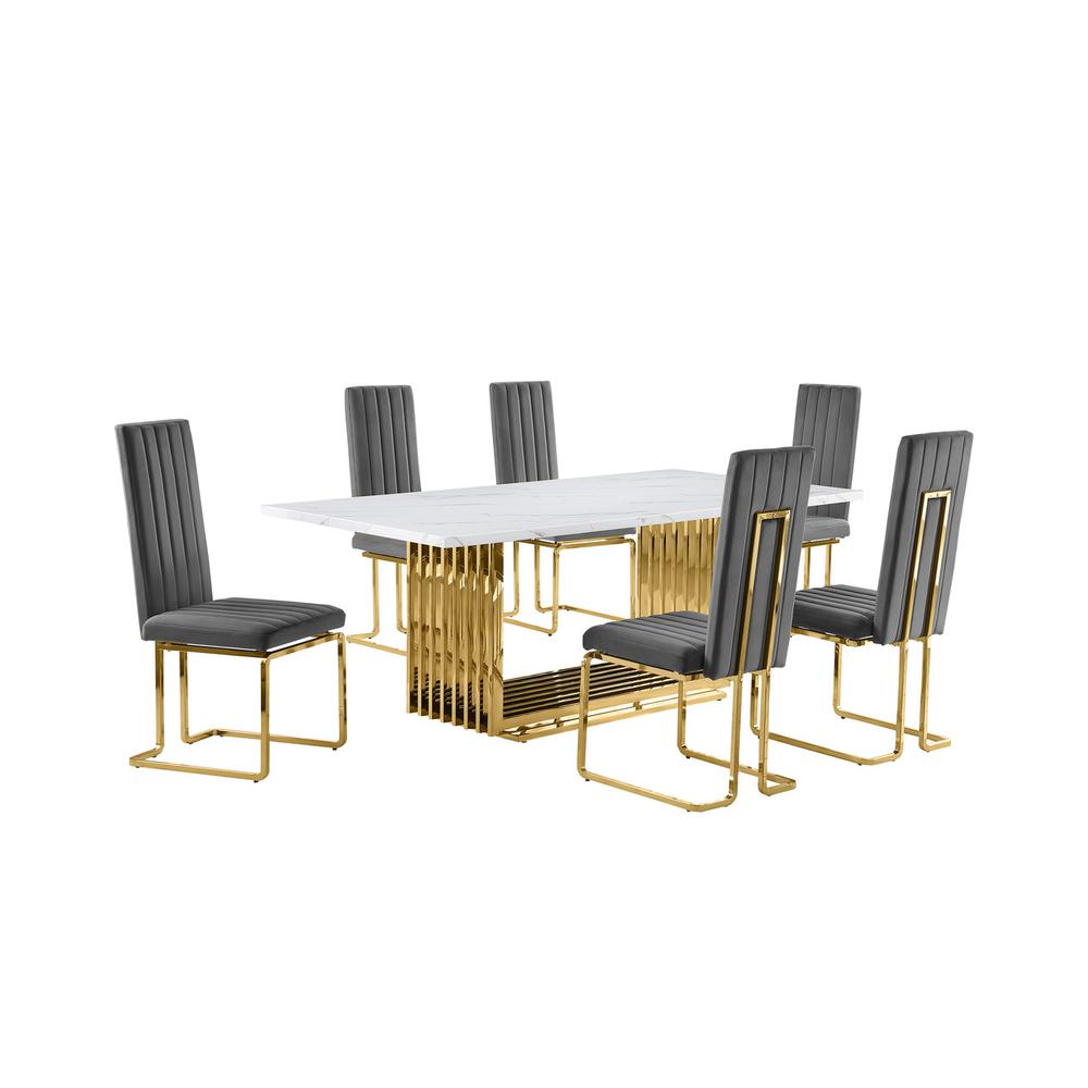 7pc Large(79") marble top dining set with gold base and 6 Dark grey side chairs. Picture 1