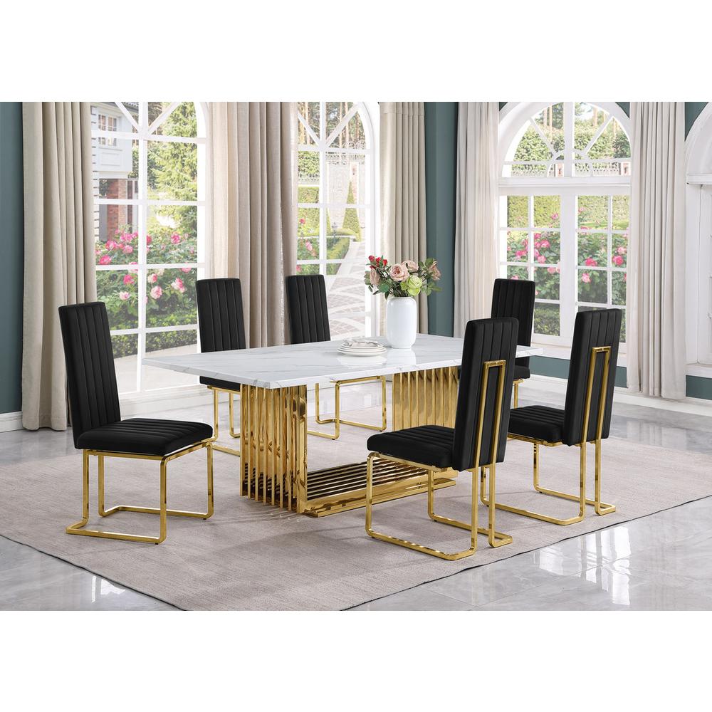 7pc Large(79") marble top dining set with gold base and 6 Black side chairs. Picture 5