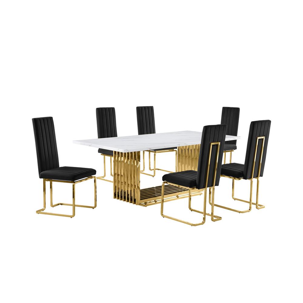 7pc Large(79") marble top dining set with gold base and 6 Black side chairs. Picture 1