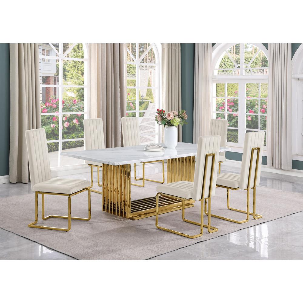 7pc Large(79") marble top dining set with gold base and 6 Cream side chairs. Picture 5
