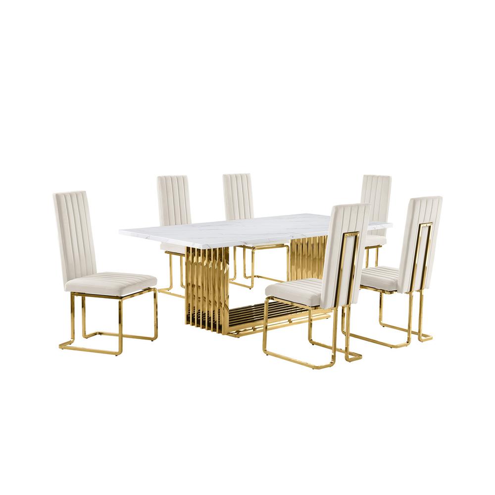 7pc Large(79") marble top dining set with gold base and 6 Cream side chairs. Picture 1