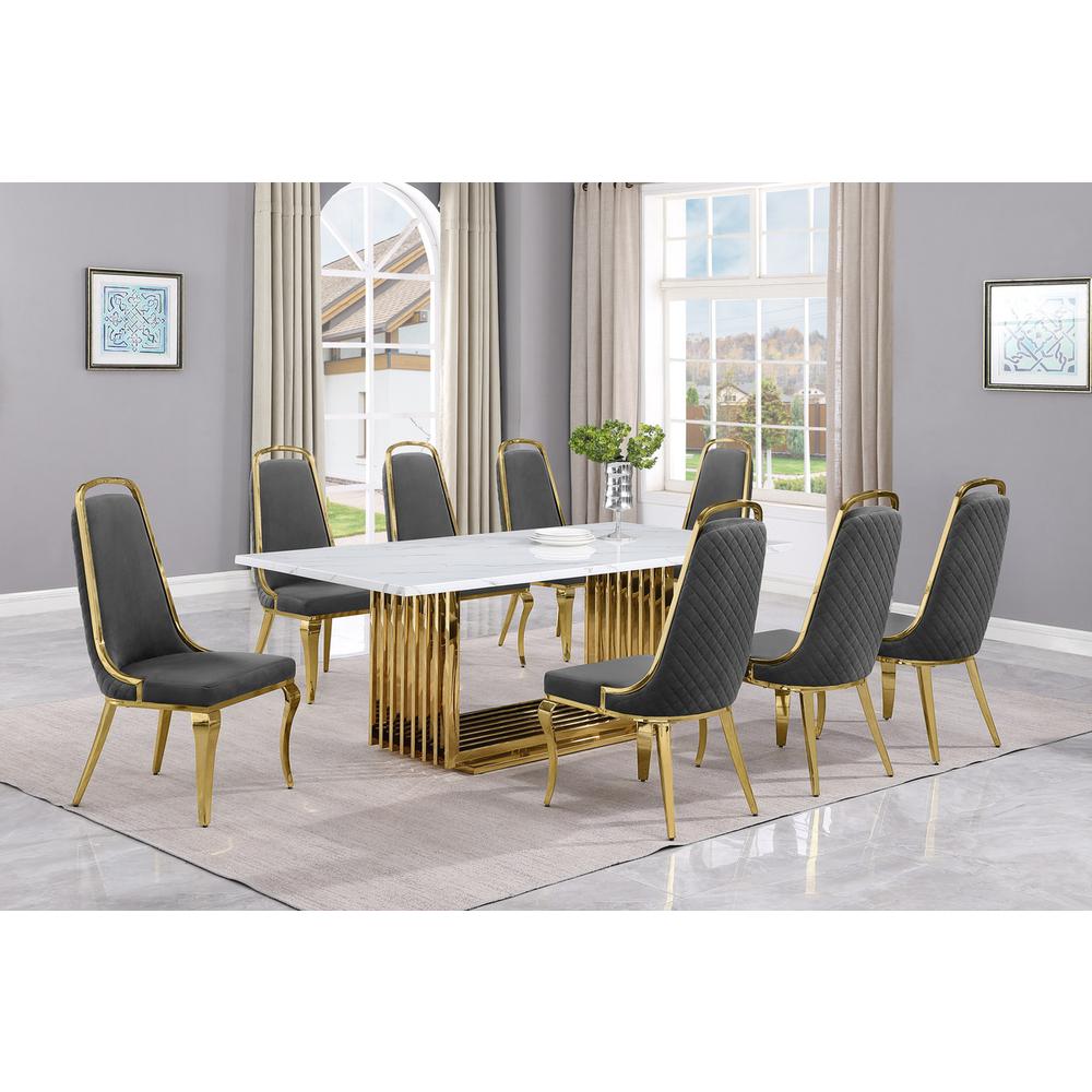 9pc Large(79") marble top dining set with gold base and 8 Dark grey side chairs. Picture 5
