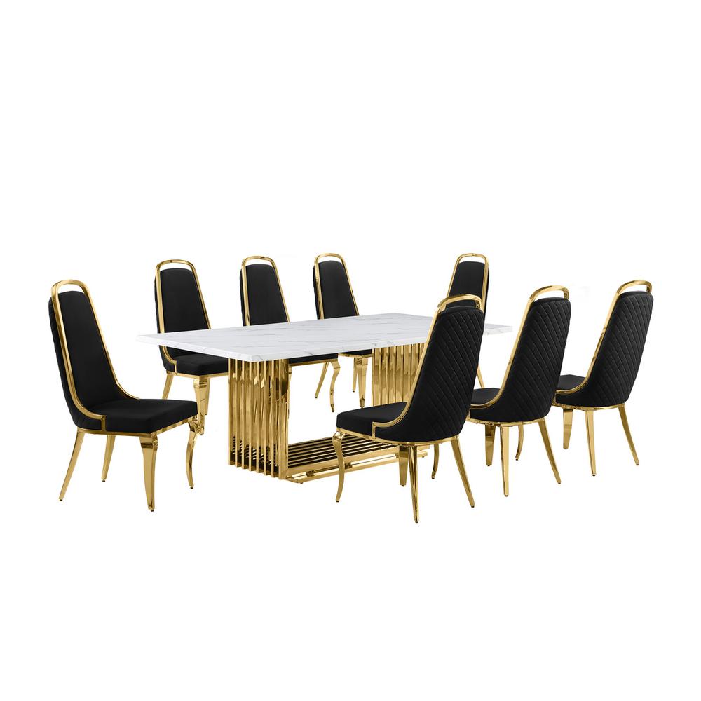 9pc Large(79") marble top dining set with gold base and 8 Black side chairs. Picture 1