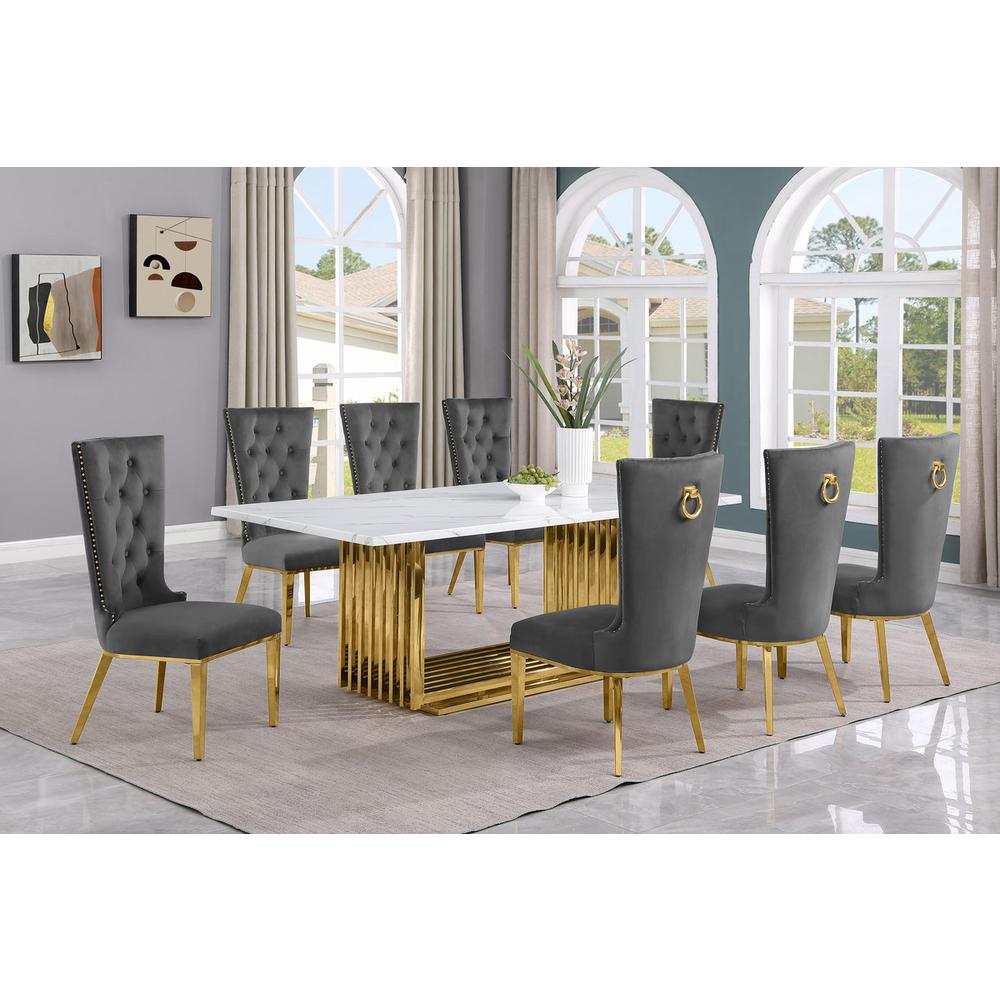 9pc Large(79") marble top dining set with gold base and 8 Dark grey side chairs. Picture 5