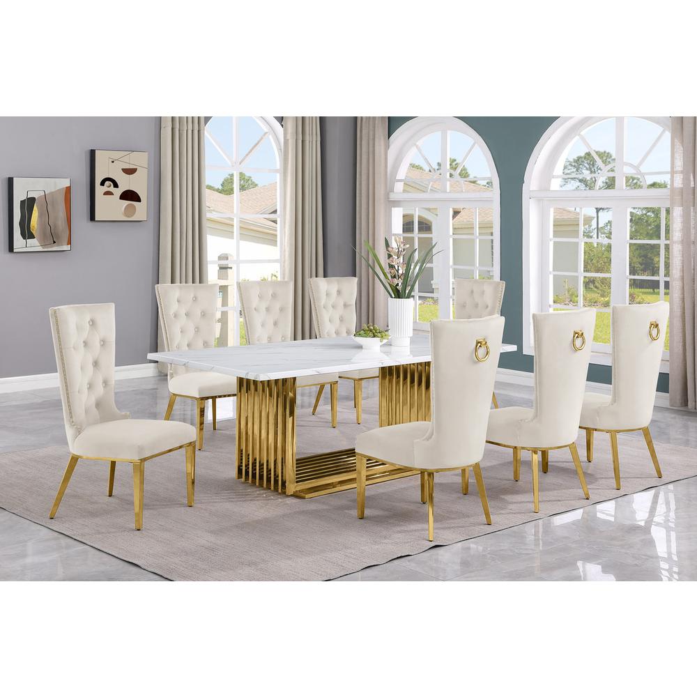 9pc Large(79") marble top dining set with gold base and 8 cream side chairs. Picture 5